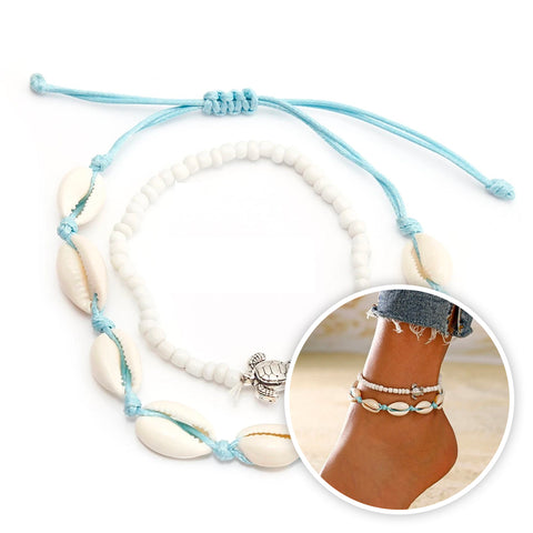 Bracelet Cheville Coquillage DUO Cauris et Perles Blanches