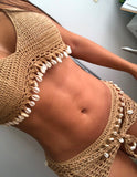 Bikini Brésilien en Coquillage et Crochet Beige