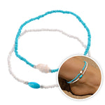 Bracelet Cheville Coquillage Perles Blanches et Bleues