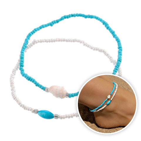 Bracelet Cheville Coquillage Perles Blanches et Bleues