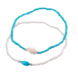 Bracelet Cheville Coquillage et Perles Blanches Bleues