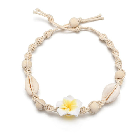 Bracelet Cheville Coquillage Cauri Blanc et fleure Jaune