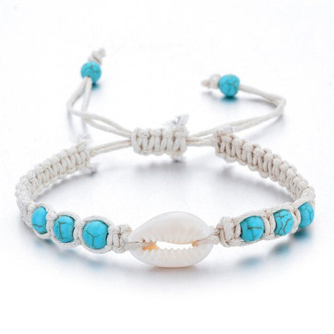 Bracelet Coquillage Cauri Blanc et Perles Bleues